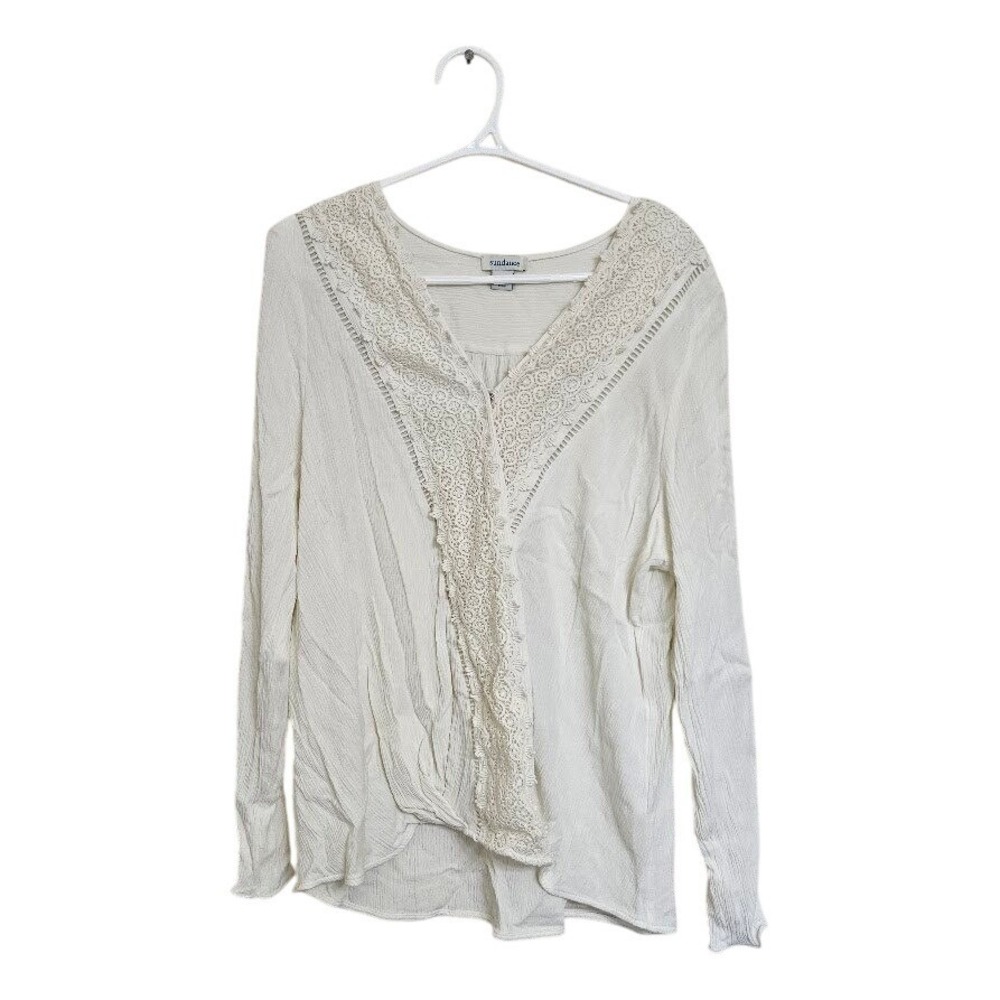 Sundance Womens XL White Crinkle Rayon Crochet Lace Trim Boho Blouse Top